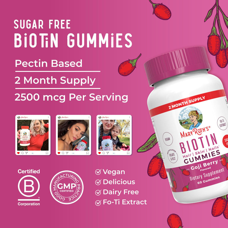 MARYRUTH'S Biotin Gummies, Hair Growth, Vegan, Sugar Free, Non-GMO, 60 Ct | Sugar Free, Vegan, Non-GMO, 2,500 mcg Biotin, Hair Skin and Nails 60 Count (Pack of 1)