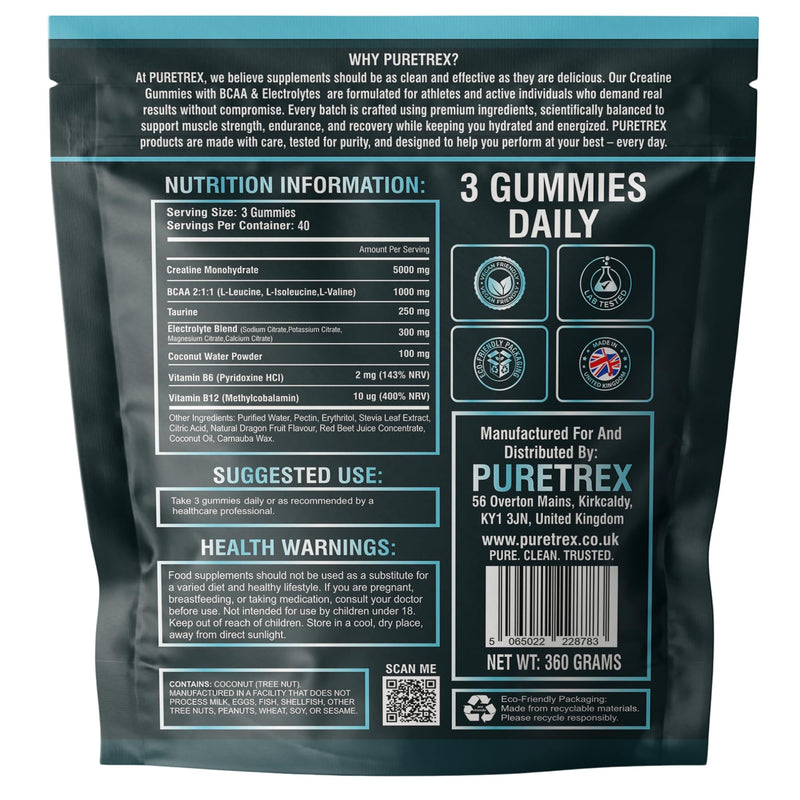 Puretrex Creatine Monohydrate Gummies 5000mg, UK Made Creatine Gummies with BCAA & Electrolytes, Muscle Strength Recovery & Hydration Support, Sugar Free Formula, Arctic Dragon Fruit, 120 Count