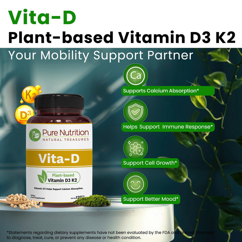 Pure Nutrition Vitamin D3 K2 Supplement (D3 6000iu + K2 MK7 100mcg) | 120 Tabs | Plant Based Vitamin D3 K2 Supplement to Support Calcium Absorption | Vegan Vitamin K2 D3 | Non GMO
