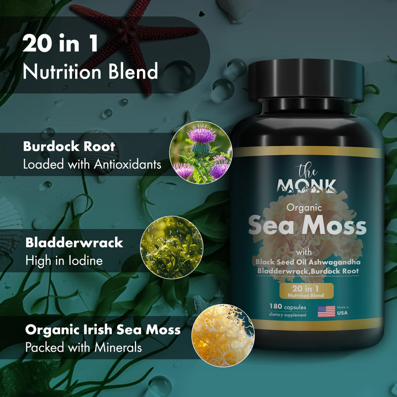 [Australia] - Organic Irish Sea Moss Capsules - Advance Formula, Raw Wildcrafted Seamoss Supplement with Bladderwrack and Burdock Root - 180 Pills - Made in The USA 