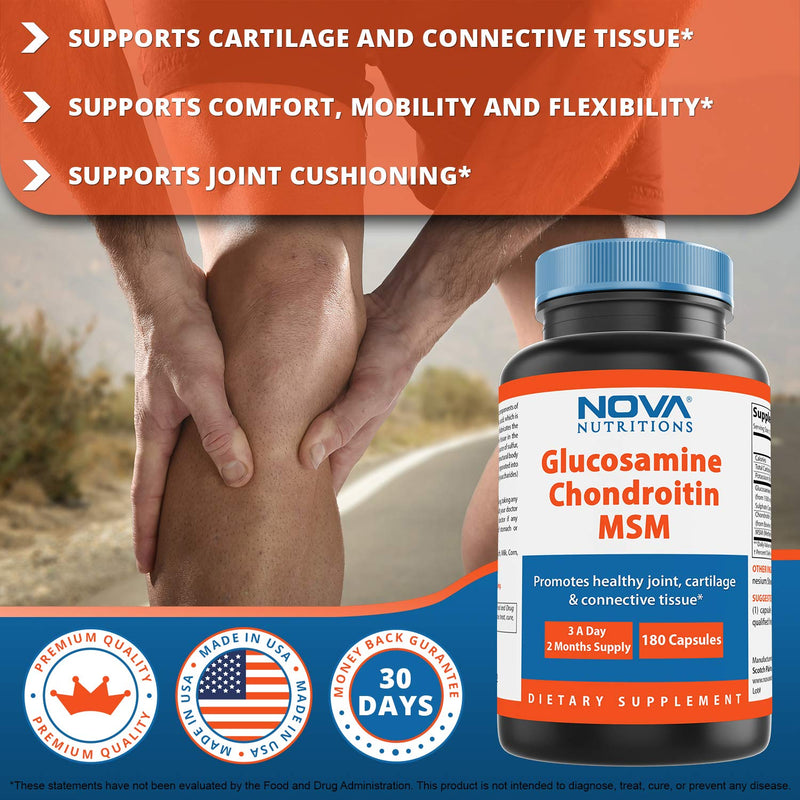 [Australia] - Nova Nutritions Triple Strength Glucosamine Chondroitin MSM 2600mg/Serving Capsules, Supports Healthy Joint, Cartilage and Connective Tissue - Promotes Joint Comfort & Flexibility 180 Count 