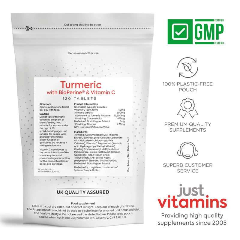 Turmeric Tablets | 12,500mg + Black Pepper BioPerine®, 475mg Curcuminoids & Vitamin C | 120 Vegan Tablets | Joint, Inflammation & Immune Support | UK Made - Just Vitamins 120 count (Pack of 1)