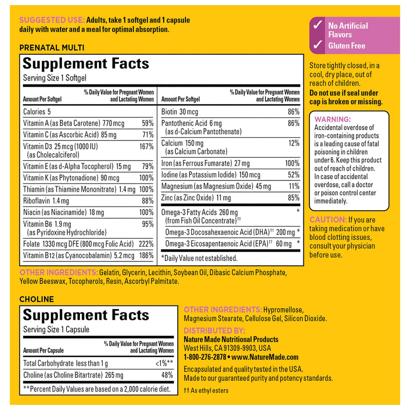 [Australia] - Nature Made Prenatal Vitamin Softgels + Choline Capsules, Folic Acid + DHA + Choline, 60 Prenatal Vitamins for Women, 60 Choline Supplements Capsules, 60 Day Supply 