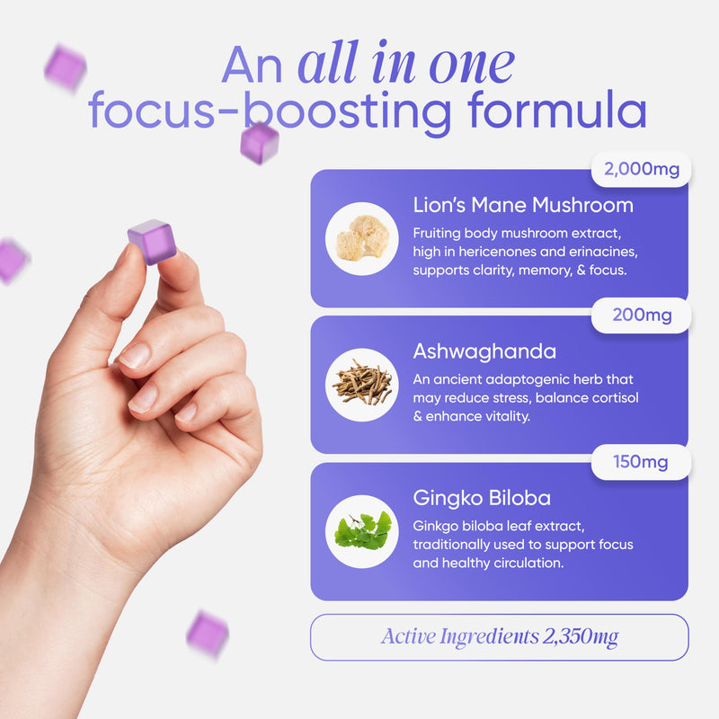 2000mg, 90 Lion's Mane Mushroom Gummies, + 200mg Ashwagandha, + 150mg Ginkgo Biloba, Nootropics for Cognition, Mood, Immunity & Inflammation, Vegan & Sugar-Free, Mixed Berry (45 Days Supply)