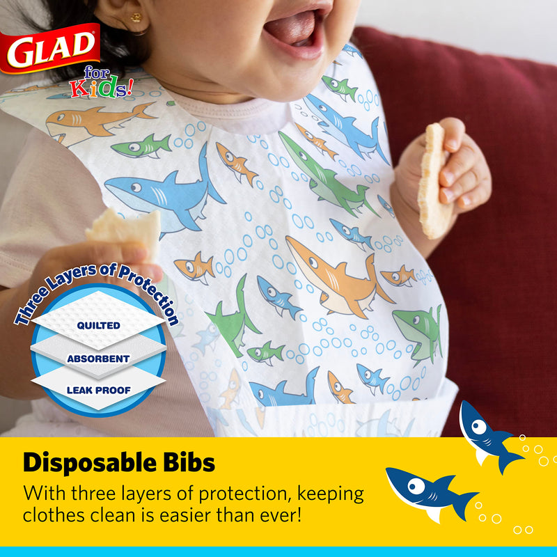 [Australia] - Glad for Kids Sharks Paper Bibs, 30 Count - Disposable Paper Bibs with Cute Sharks Design for Kids - Travel Bibs for Kids - Art & Craft Disposable Kids Bibs 30 Count (Pack of 1) 