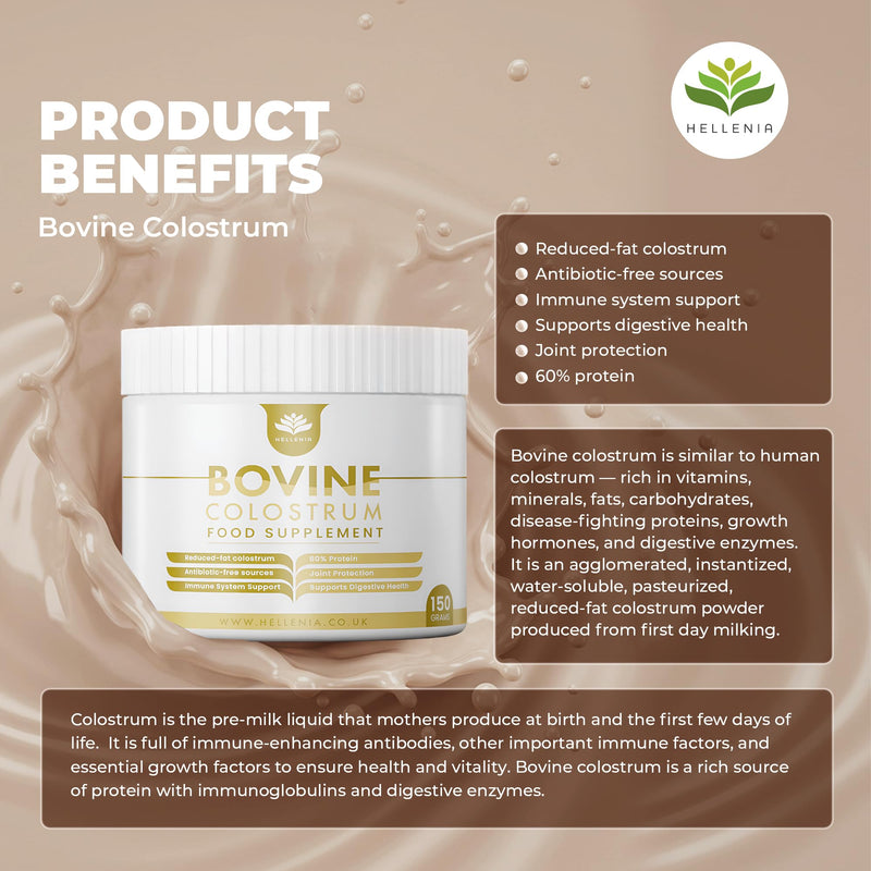 Pure Colostrum Powder - 150 Grams | 20% Immunoglobulins G | Freeze Dried, Reduced-Fat Colostrum | from Grass-fed Cows - Bovine Source | Made in The UK by Hellenia