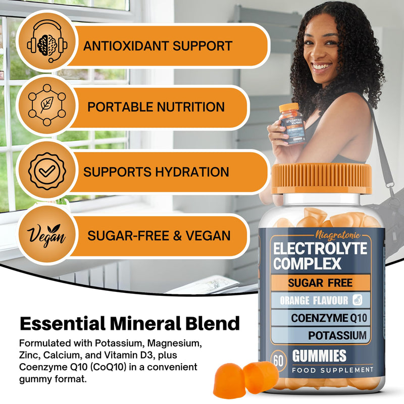 Electrolyte Gummies with Potassium & Magnesium | 60 Sugar Free Vegan Gummies | Orange Flavour | with Zinc, Calcium, Vitamin D3 & CoQ10 | 30 Day Supply