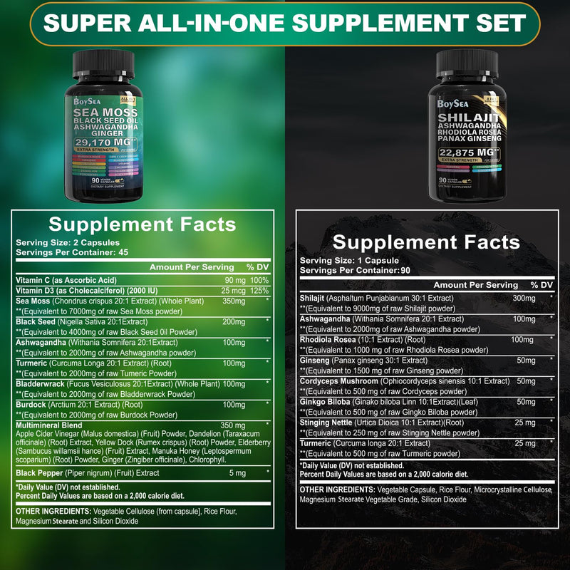 [Australia] - Boysea.Sea Moss and shilajit Bundle - 90 Count - Sea Moss 7000mg, Black Seed Oil 4000mg, Ashwagandha 2000mg, Ginger & Shilajit 9000mg, Rhodiola Rosea 1000mg, All in 1 Supplements (1 Pack) 90 Count (Pack of 2) 