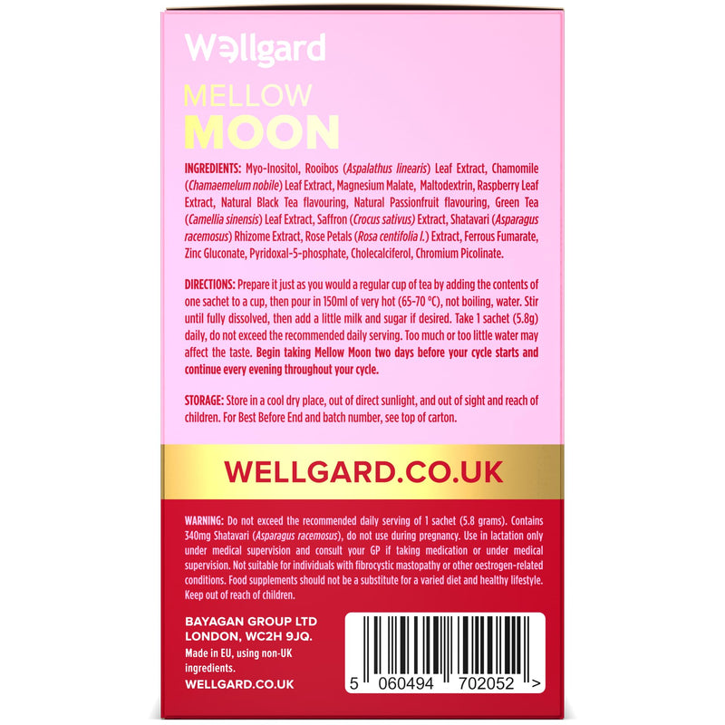 Wellgard Mellow Moon - Menstrual & Period Comfort with Saffron, Shatavari, Rosa Centifolia, Magnesium, Iron, B-Vitamins, Zinc & Chromium, 14 Sachets for 2-3 Cycles