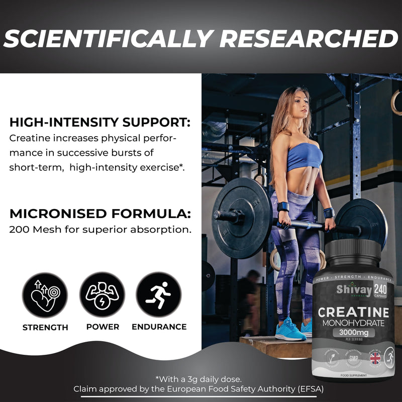 Creatine Monohydrate 240 Vegan Capsules – 3000mg per Serving | High Strength Pure Micronised Creatine | Muscle Strength, Power & Endurance - Made in UK by Shivay Herbals 240 Capsules
