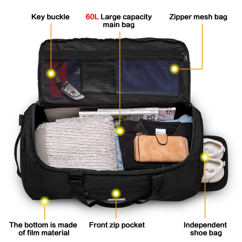 Lyweem 60L Duffle Bag for Men Travel Duffel Bag Large Size for Women Weekender Overnight with Shoes Compartment Multifunctional Gym Bags, Black
