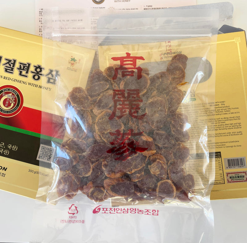Pocheon 300g, 6Years Sliced Korean Panax Red Ginseng Root with Honey, Natural Immune Support
