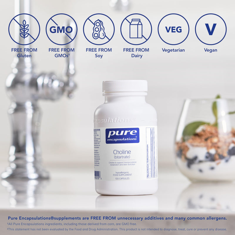 Pure Encapsulations Choline (Bitartrate) - for a Normal Liver Function & Metabolism - Supplement with high-dose Choline - 100 Capsules