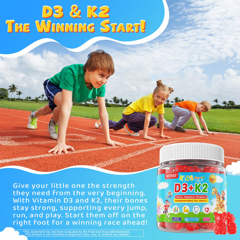 Kids & Teens Vitamin D3 K2 Gummies + Calcium, Magnesium, Zinc, Phosphorus C | Kids D3 & K2 Supplement + Multivitamin for Bone Health, Calcium Absorption, Focus & Immunity, Non GMO, Sugar Free, 60 Cts 60 Count (Pack of 1)