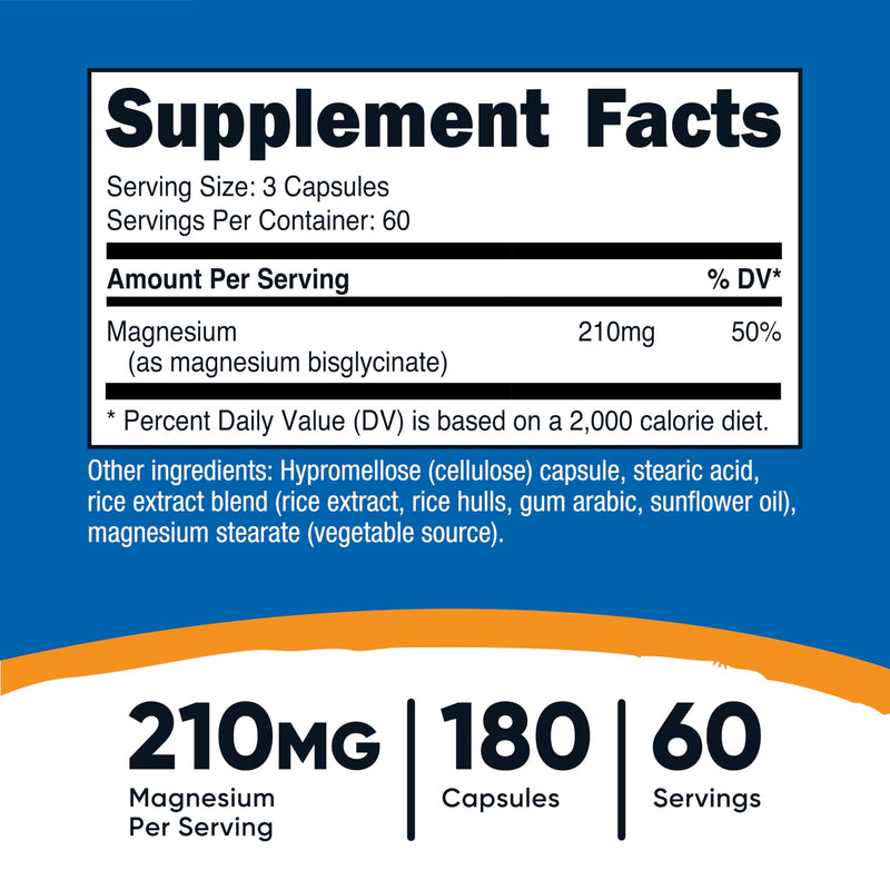 [Australia] - Nutricost Magnesium Glycinate Capsules (180 Capsules, 210 mg Per Serving) - Magnesium Glycinate Supplement for Gentle Absorption Unflavored 180 Count (Pack of 1) 