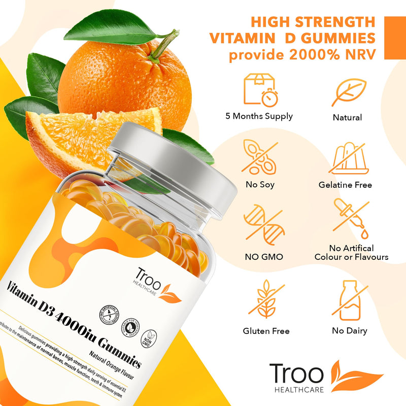 Troo Health Care Vitamin D3 4000iu - 150 Natural Orange Flavour Chewable Gummies - Five Months Supply - Non GMO Tasty Gummy Supplement to Support Immune Function and Help Maintain Bones and Teeth 150 count (Pack of 1)