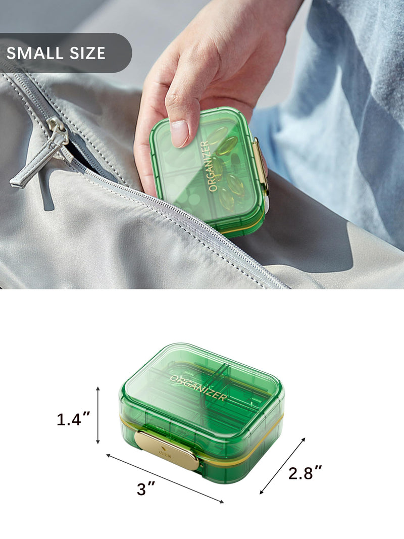 Small Travel Pill Organizer, 7 Compartments Pill Box, 1 Pack Daily Portable Pill Case to Hold Vitamins, Small Pill Container for Pocket Purse Medicine Organizer | Green