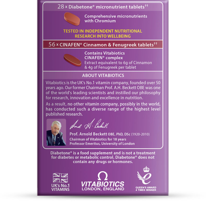 Diabetone Plus with CINAFEN complex: Cinnamon, Fenugreek and Chromium and 21 micronutrients for improved Blood Sugar Level and Diabetes Management, by Vitabiotics 56 Tablets 28-Day Supply Diabetone Plus