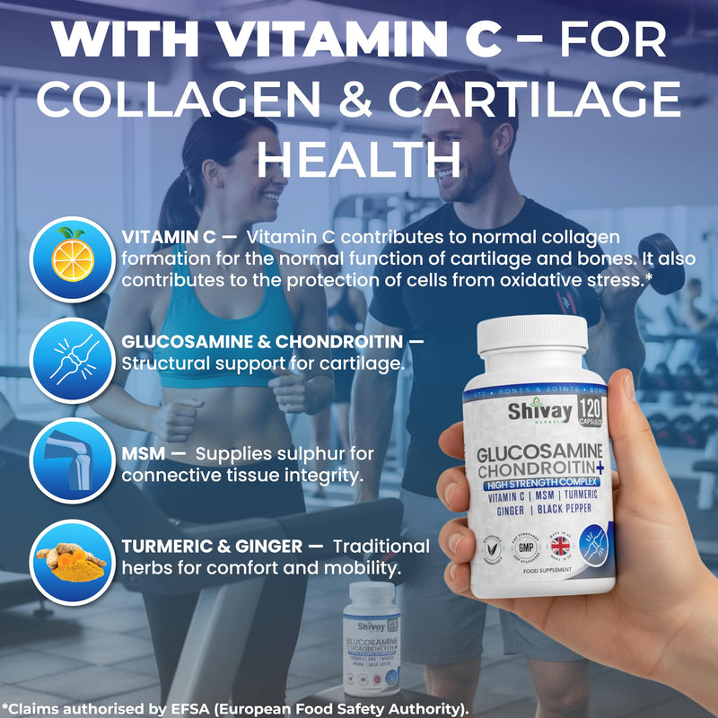 Glucosamine and Chondroitin High Strength Complex with Vitamin C, MSM, Turmeric, Ginger, Black Pepper | 120 Capsules - 2 Month Supply | Joint & Bone Support | UK Made by Shivay Herbals 120 count (Pack of 1)