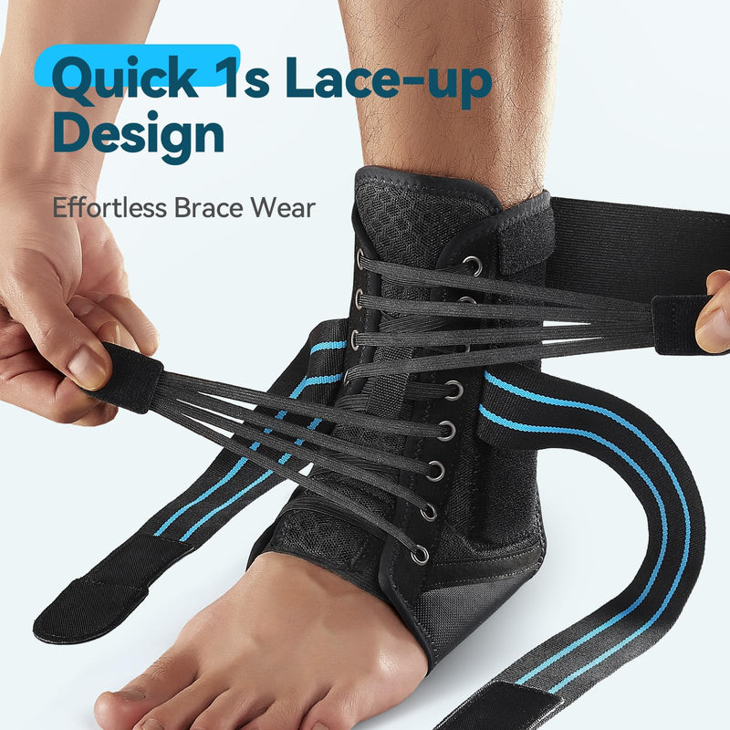 [Australia] - AGPTEK Ankle Brace for Women Men, Adjustable Lace-Up Ankle Support with Removable Splints for Sprained Ankle, Injury Recovery, Ankle Stabilizer Wrap for Basketball Volleyball Sports, Blue, M Medium 