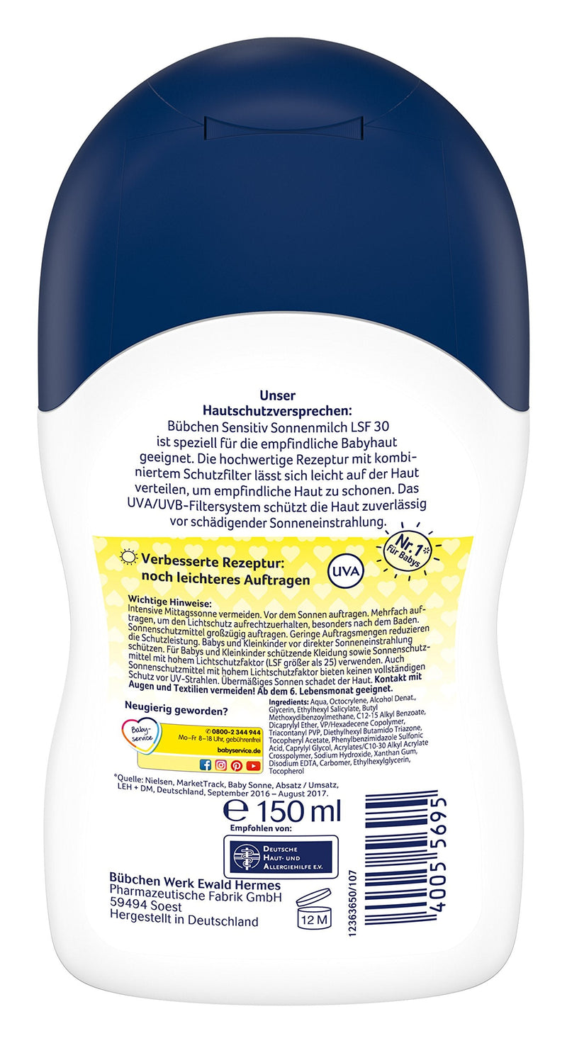 [Australia] - Bübchen Sensitive sun milk SPF 30, waterproof, sun protection for sensitive baby skin, high UV protection for children and babies, quantity: 1 x 150 ml 