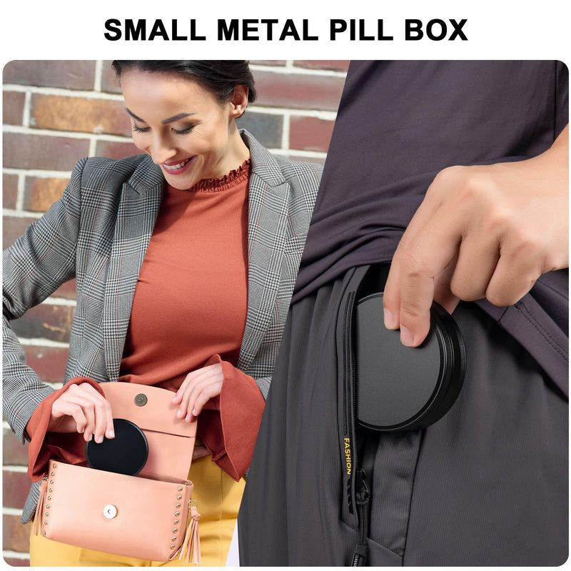 Metal Pill Case 4 Compartments - Travel Pill Organizer Waterproof | Small Pill Box for Purse, Compact Medicine Container Pill Dispensers Holder for Vitamin, Fish Oil, Supplement (Black) Black