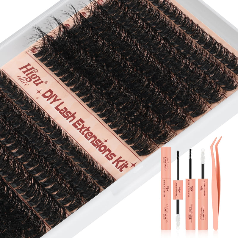 Higu clace Lash Clusters Kit 60D+80D, Cluster eyelash extensions Mix 10-18mm Lash Clusters Kit with Lash Bond and Seal and Lash Applicator, DIY Lash Extension Kit (60D+80D 10-18mm) 6080D KIT 6080D-BLACK