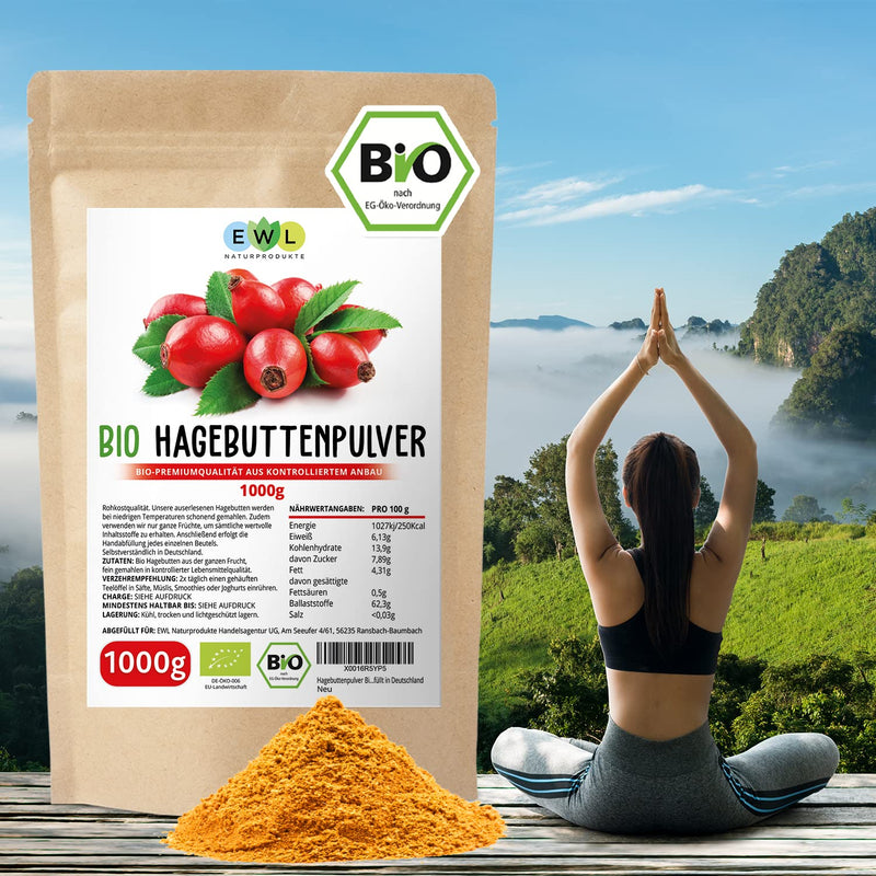 [Australia] - 1kg organic rosehip powder | Whole ground rose hip | Rosehip powder from controlled cultivation | Raw food quality | Controlled and bottled in Germany 