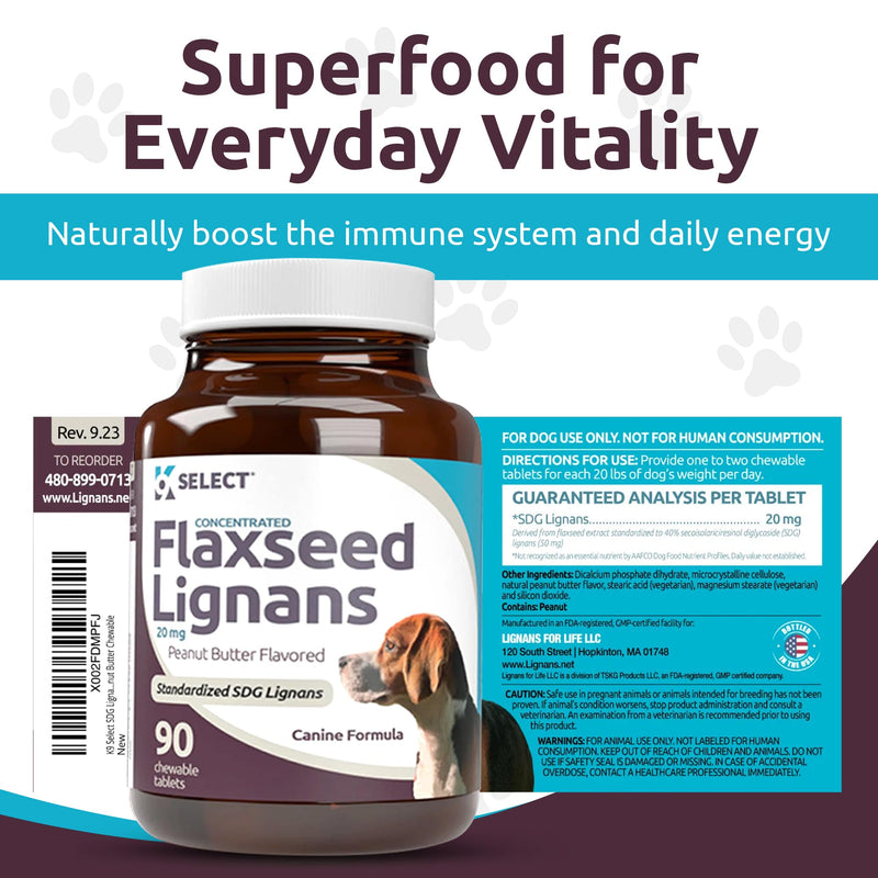 K9 Select Concentrated Flaxseed Lignans for Dogs, 20mg 90 Tablets, Peanut Butter Flavored Chewable, Impove Coat - PawsPlanet Australia