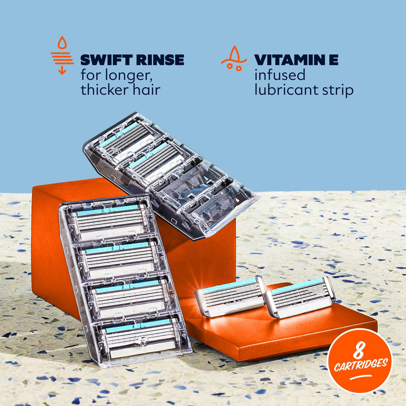 [Australia] - Dollar Shave Club | 4 Blade Razor Refills (8 Pack) | Swift Rinse Blades for Longer and Thicker Hair 8 Count (Pack of 1) 