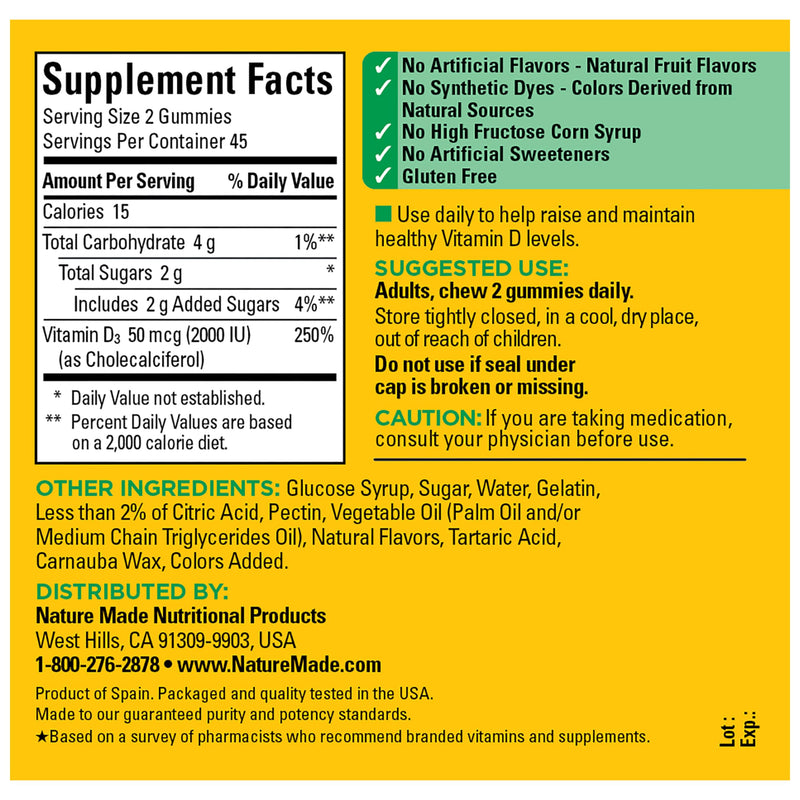 Nature Made Vitamin D3 2000 IU (50 mcg) per Serving, 90 Vitamin D Gummies | Vitamin D Gummies for Adults for Immune, Bone, Teeth and Muscle Health Support, Fruit Flavors, 45 Day Supply Strawberry, Peach, Mango 90 Count (Pack of 1)