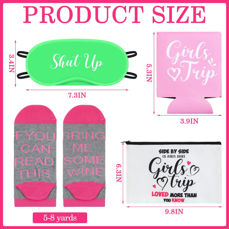 Tisancy 32 Pcs Girls Trip Gifts Favors Set Girl Weekend Party | Complete Girls Trip Gift with Eye Mask, Can Sleeves, Socks, Makeup Bags. Gifts for Women Bachelorette, Travel, Vacation Party
