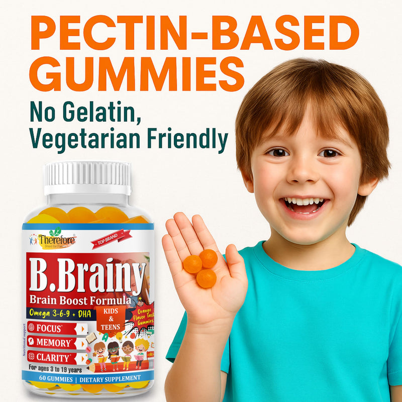 B.Brainy Focus Gummies for Kids & Teens, Kids Focus and Attention Supplements, Brain Focus Vitamins, Vegan Omega 3 EPA/DHA, Support Memory, Clarity, Concentration, Low Sugar 60 Gummies
