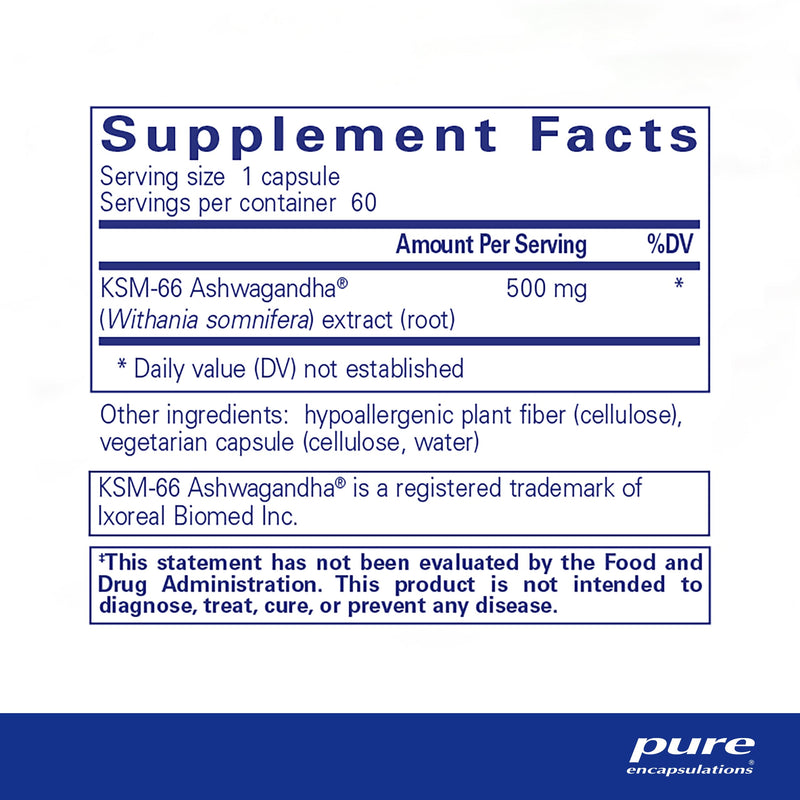 [Australia] - Pure Encapsulations Ashwagandha - 500 mg Ashwagandha Extract - Metabolism & Stress Support - Immune Support - GMO Free & Vegan - 60 Capsules 60 Count (Pack of 1) 