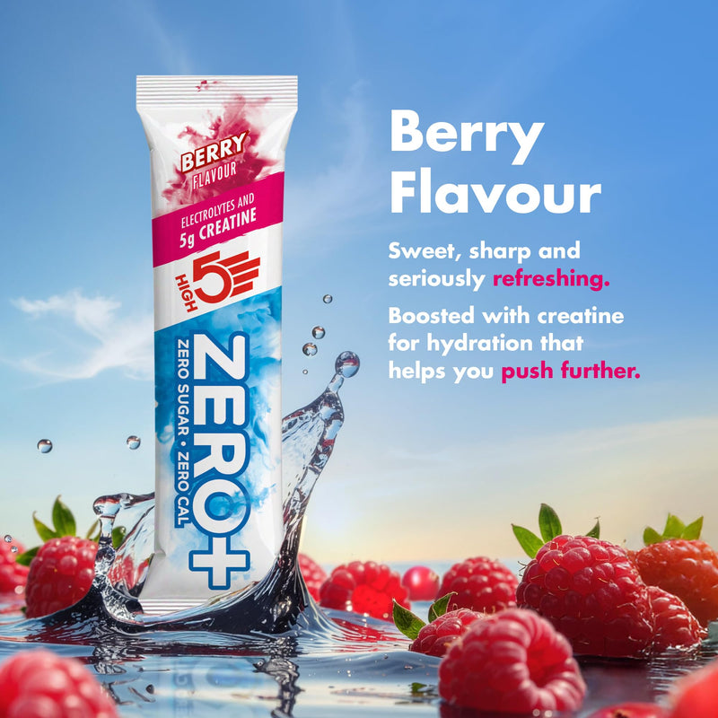 HIGH5 Zero+ Creatine & Electrolytes Hydration Sachets - Sugar Free Electrolytes Powder with 5g Creatine Monohydrate for Performance, Power & Focus - Rehydration Sachets (Berry, 16 x 11.5g) Berry