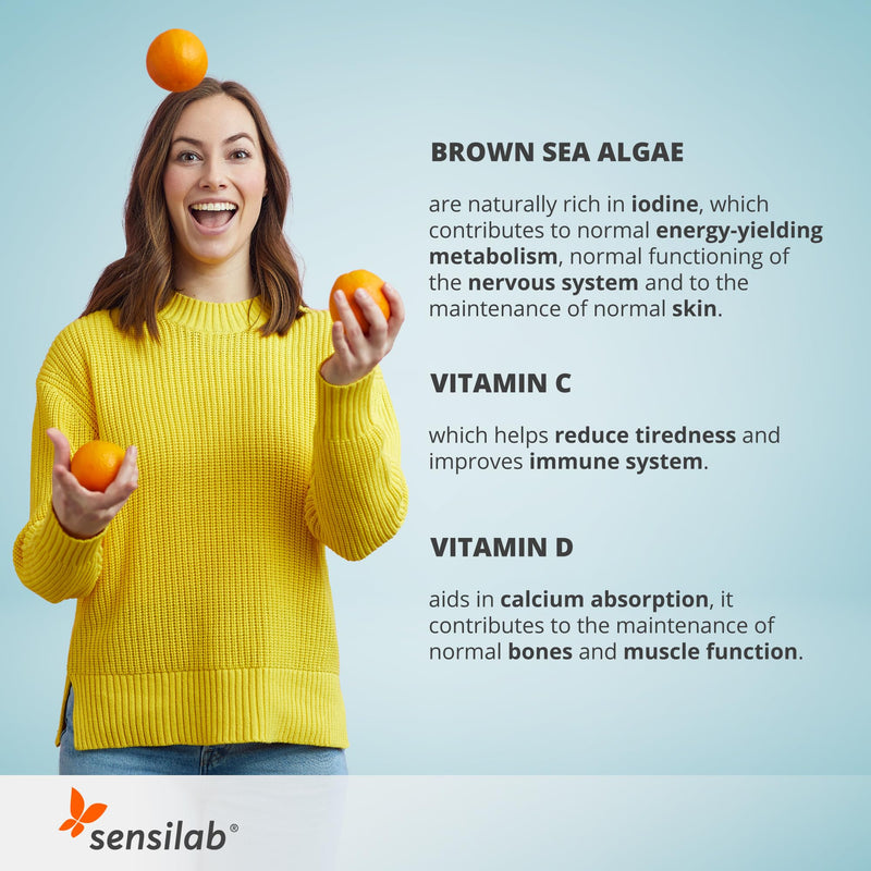Metabolism Boost with Iodine, Brown Seaweed, Vitamin C and Vitamin D3 – Energy and Fatigue Reduction Formula, 60 Capsules – Sensilab