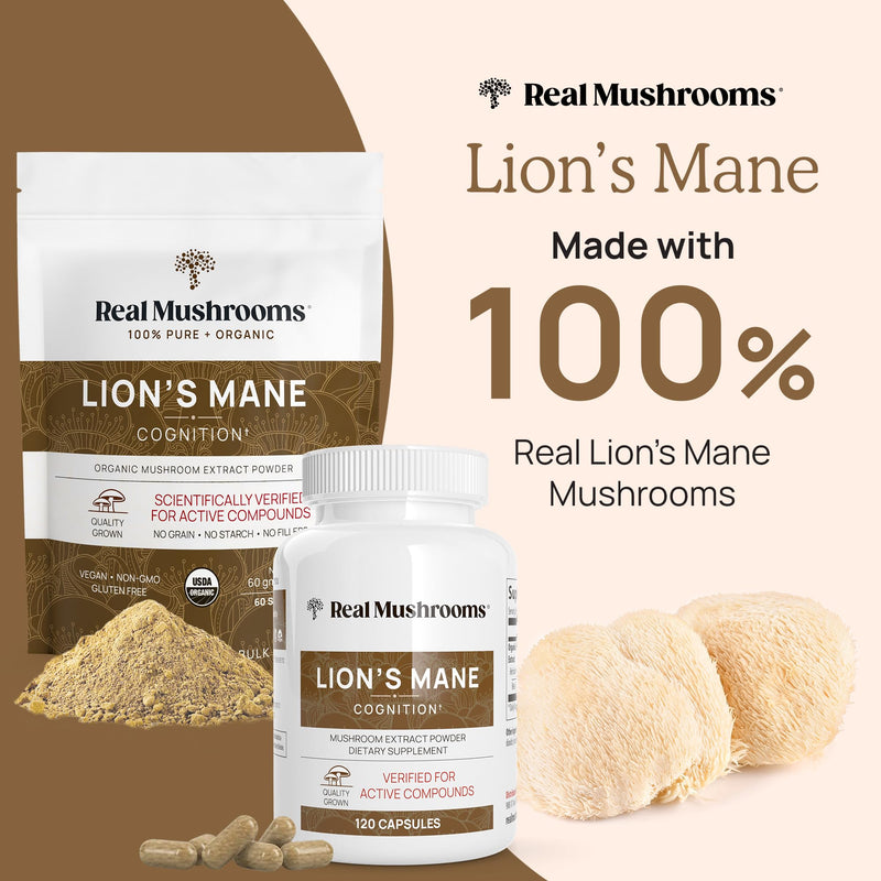 [Australia] - Real Mushrooms Lion‚Äôs Mane Supplement Capsules - Organic Lions Mane Extract for Overall Wellbeing - Beta Glucan Supplements ‚Äì Vegan 300 ct Mushroom Extract 