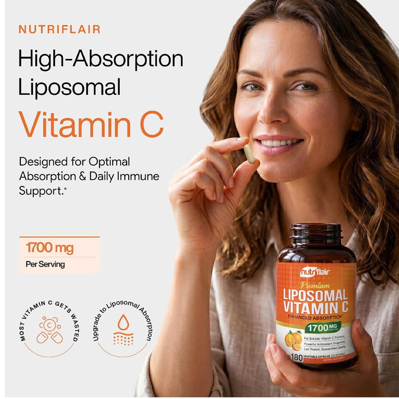 NutriFlair Liposomal Vitamin C 1700mg, 180 Capsules - High Absorption, Fat Soluble VIT C, Higher Bioavailability Immune System Support & Collagen Booster, Non-GMO, Vegan Pills 180 Count (Pack of 1)