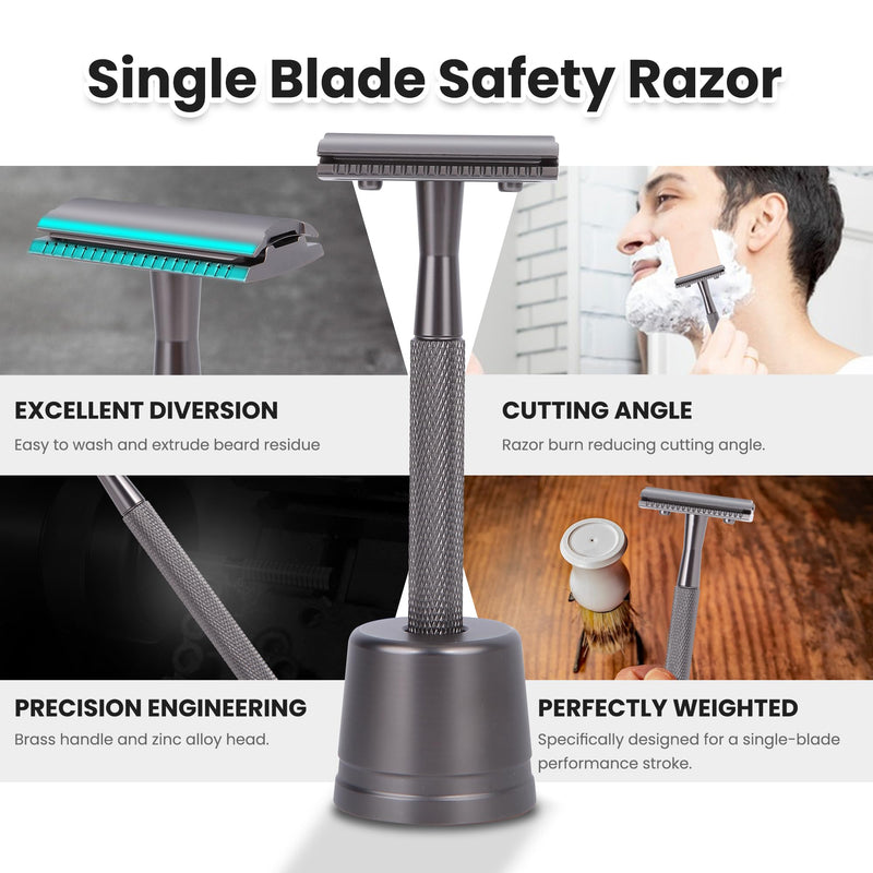 [Australia] - Double Edge Razor With Stand and 10 Premium Stainless Steel Blade Safety Razors For Men Shaving Razor, Matte Black Double Edge Safety Razor, Gun Black Gun Black with Stand 