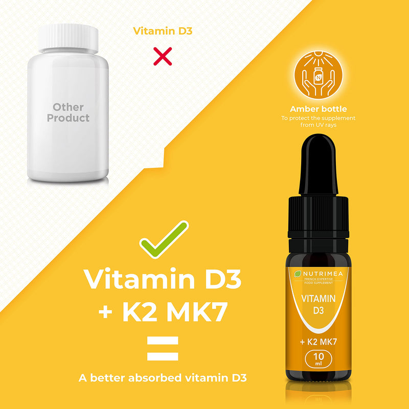 Vitamins D3 K2 MK7 Oil Form Supplement - Natural, 100% Purity, with Olive Oil - Fortifies The Immune System, Bones, Muscles and Teeth - 10ml Dropper Bottle