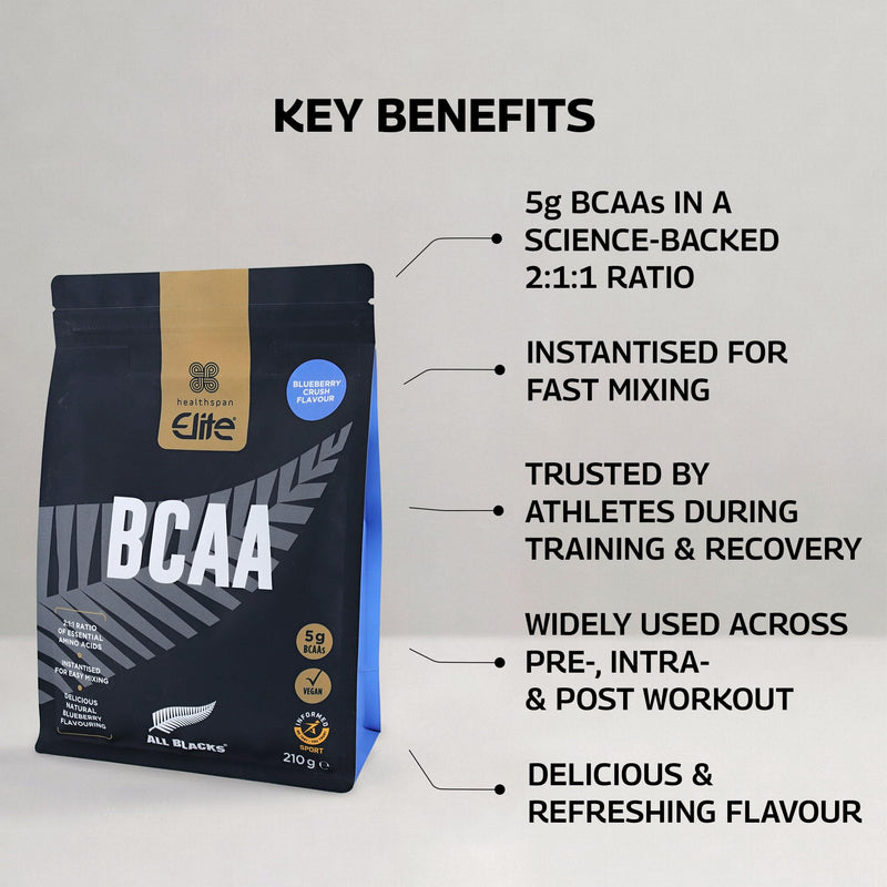 Healthspan All Blacks BCAAs | Blueberry Crush Flavour | 5g BCAAs for Post-Workout Recovery| 2:1:1 Ratio Backed by Science | L-Leucine, L-Isoleucine, and L-Valine