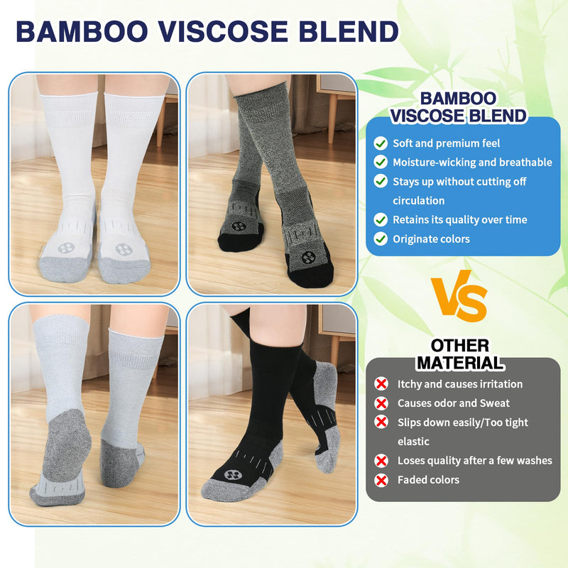 [Australia] - Diabetic Socks for Men,4 Pairs Non Binding Loose Wide Top Crew Socks for Men Size 9-12 13-15 White/Grey/Yellowish Cyan/Black Large 