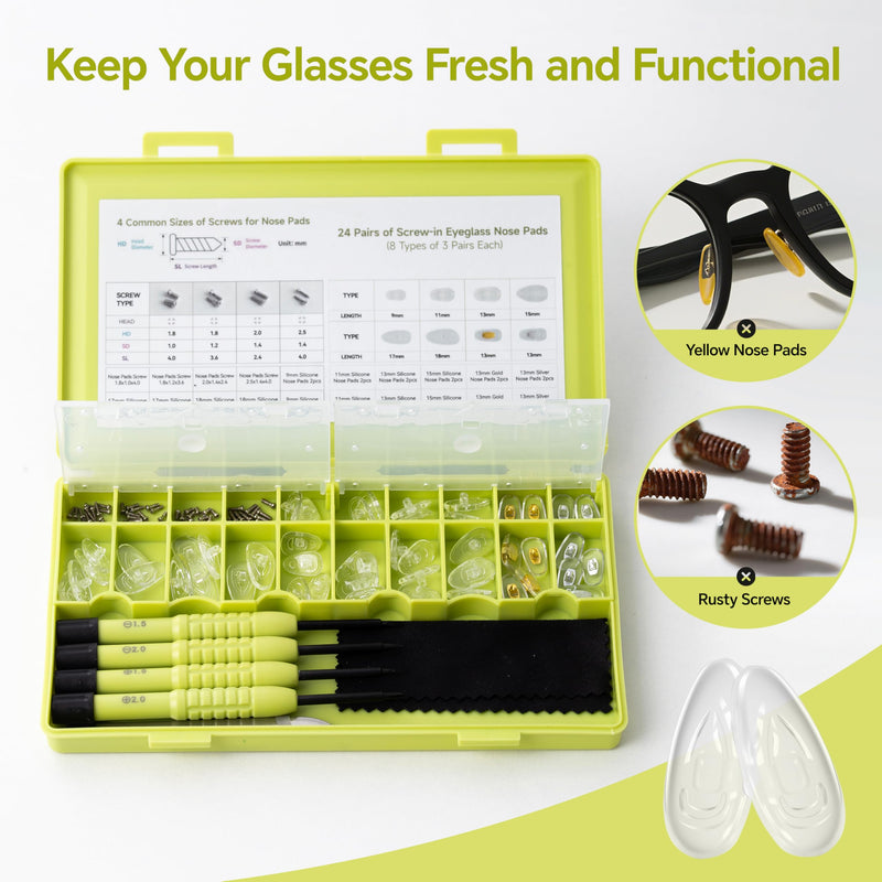 [Australia] - Eyeglass Nose Pads Replacement, 24 Pairs of Screw-in Glasses Nose Pads with Precision Screwdriver Set, Magnetic Eyeglass Repair Kit with Screws, Curved Tweezer for Travel, Birthday Gift, Christmas 