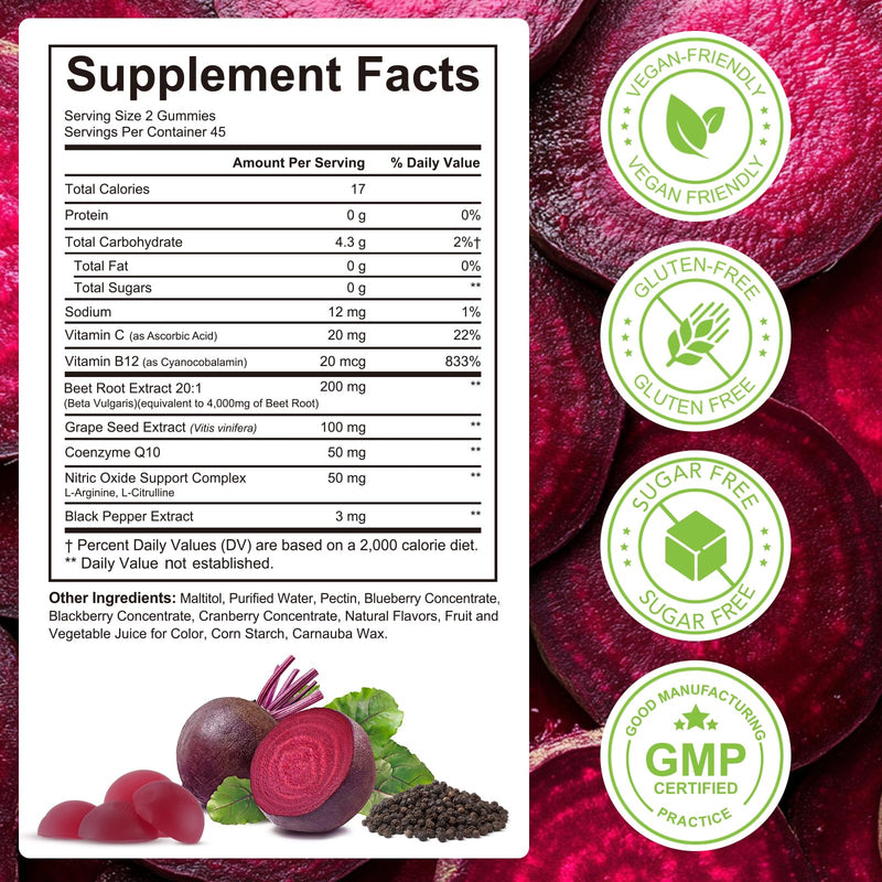 2 Pack Beet Root Gummies for Blood Pressure, Nitric Oxide Booster, Heart Health, Energy Level Suport | with CoQ10 & 20:1 Beet Root Extract, Grapeseed Extract, Vitamin B12/C, Sugar-Free | 90 Chews 90 count (Pack of 2)