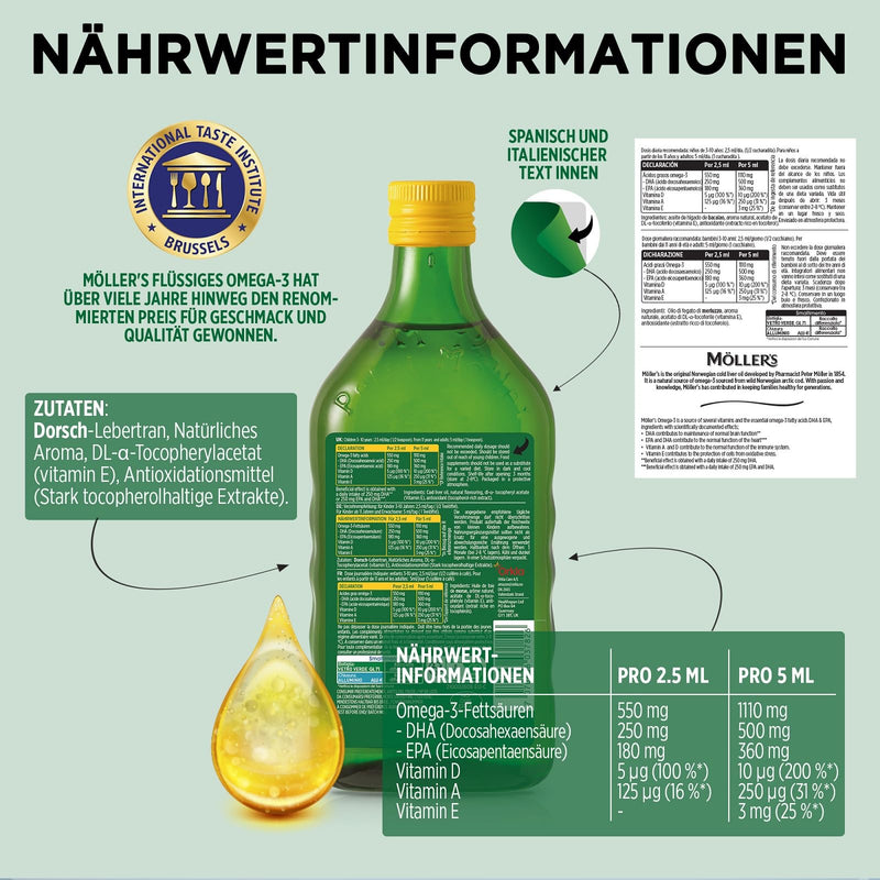 [Australia] - Möller's Omega 3 cod liver oil | Nordic Omega 3 nutritional supplement with EPA, DHA, vitamin A, D, E | Superior Taste Award | Highly pure natural | 165 year old brand | lemon | 500 ML 500 ml (pack of 1) 