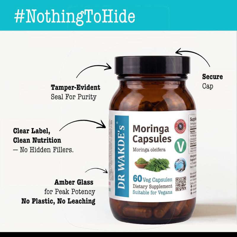 DR WAKDE'S Moringa Capsules (Moringa oleifera, 60 Veg Caps, Plant-Based Supplement, Ayurvedic Herb, All Natural, Vegan)