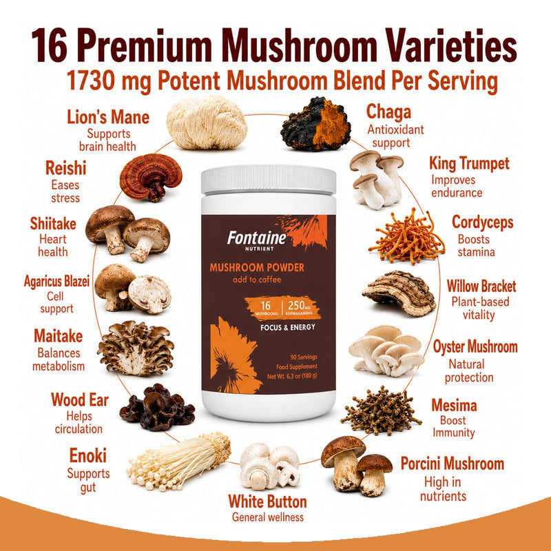 16-in-1 Super Mushroom Coffee with Lion's Mane, Reishi - 1730mg Functional Mushrooms Complex for Immunity, Focus, Nootropic, Mood & Energy, Premium Mushroom Supplement, 90 Days Supply