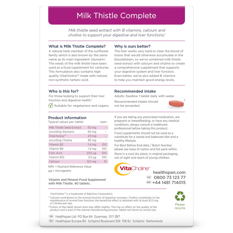 Healthspan Milk Thistle Liver Support (90 Tablets) | 80% Silymarin Content | 50mg Milk Thistle Extract | with B Vitamins, Calcium & Choline to Support Your Digestive Health & Liver Function | Vegan