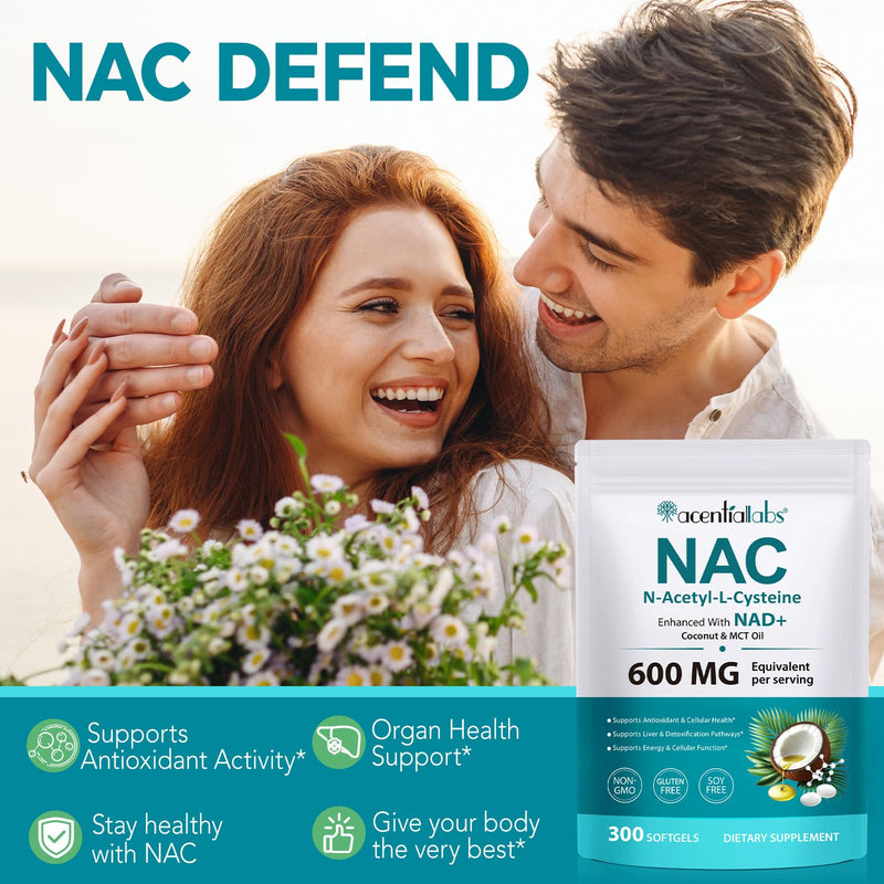 NAC N-Acetyl L-Cysteine 600 mg Softgels with NAD+ | Enhanced with Coconut & MCT Oil for Absorption | Supports Antioxidant, Liver & Cellular Health | Non-GMO, Gluten Free | 300 Softgels (100 Day Supply