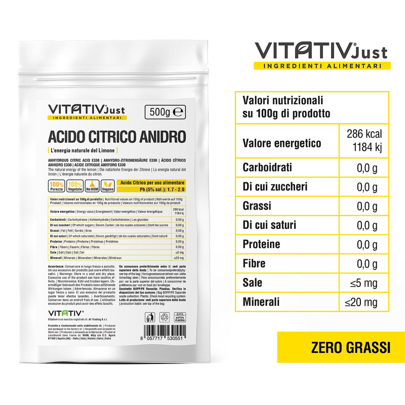 [Australia] - VITATIV - Citric acid, anhydrous, 100% pure - 500 g - food grade - preservative ideal for pastries and kitchen - acidulant in powder form for drinks and jams 